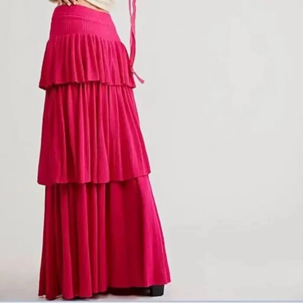 NEW $168 Free People Ruffle Knit Maxi Skirt Pink sz L